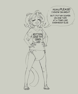anthro biped clean_diaper clothed clothing dialogue diaper eyes_closed female hands_on_hips pantsless pantsless_anthro pantsless_female shirt solo t-shirt talking_to_viewer text topwear wearing_diaper heppysugoi guarana_(heppysugoi) haplorhine mammal monkey primate digital_drawing_(artwork) digital_media_(artwork) english_text hi_res monochrome gynomorph_(lore)