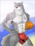 abs anthro beach biceps big_muscles bottomwear bulge clothed clothing front_view fur grey_body grey_fur lifeguard male muscular muscular_anthro muscular_male nipples one_eye_closed outside pose pubes rescue_buoy sea seaside shorts simple_background sky solo tail topless water white_background wink antlerwolf rix canid canine canis mammal wolf