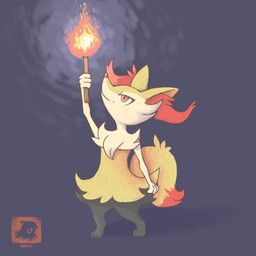 ambiguous_gender arm_tuft black_body black_fur cheek_tuft chest_tuft chibi ear_tuft facial_tuft fingers fire fur holding_object orange_body orange_eyes orange_fur orange_nose semi-anthro shoulder_tuft smile solo stick tuft white_body white_fur yellow_body yellow_fur artdumpdottm nintendo pokemon braixen canid canine generation_6_pokemon mammal pokemon_(species) 1:1 hi_res signature
