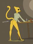 anthro blush bottomless bread breasts butt butter clothed clothing dairy_products female food fur furniture jelly_(food) pawpads rear_view shirt solo standing table text topwear gravyfox microsoft prequel_adventure the_elder_scrolls katia_managan felid khajiit mammal english_text