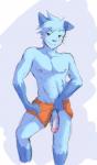 anthro balls blush clothed clothing erection flashing genitals looking_at_viewer male penis simple_background smile solo shirokoi nintendo pokemon dewott generation_5_pokemon mammal mustelid pokemon_(species) 2017 digital_media_(artwork)