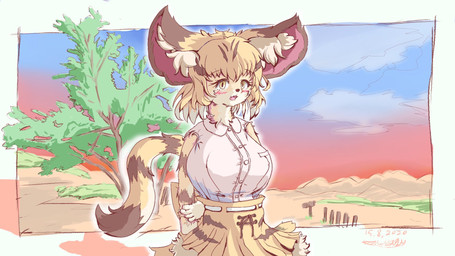 :d anthro big_breasts big_ears black_bow black_bow_tie black_clothing black_dress black_tail black_tail_tip blonde_hair blush blush_lines blushlines bow_(feature) bow_on_back bow_tie breasts brush button_dress cat_tail clothed clothing cloud collared_shirt countershade_tail countershading dipstick_tail dress dress_shirt exposed_shoulder eyebrow_through_hair eyebrows fangs female fingers fluffy fur grass hair hand_behind_back hill holding_arm inner_ear_fluff laces large_bow looking_at_viewer markings mountain multicolored_body multicolored_bow multicolored_bow_tie multicolored_clothing multicolored_dress multicolored_ears multicolored_fur multicolored_hair multicolored_tail number open_mouth outline outside path plant pockets pole rail red_sky sand shadow shirt shoelaces sky sleeveless_clothing sleeveless_dress sleeveless_shirt smile standing striped_markings striped_tail stripes sunset tail tail_markings teeth topwear translucent translucent_hair tree tuft white_outline yellow_bow_tie yellow_clothing yellow_eyes yellow_tail feneyagi kemono_friends sand_cat_(kemono_friends) felid feline felis mammal sand_cat 16:9 2020 hi_res japanese_description signature translated_description widescreen