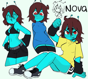antennae_(anatomy) anthro blue_body bottomwear bra breasts brown_hair clothing eyes_closed female hair hand_on_hip kissy_face medium_breasts navel non-mammal_breasts red_eyes shirt shorts sitting solo sweater topwear underwear yellow_clothing yellow_shirt yellow_topwear kopito nova_(kopito) amphibian frog absurd_res hi_res