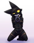 andromorph anthro arms_tied bdsm black_body black_fur bondage bound collar fur genitals hands_behind_back intersex kneeling legs_tied nipples purple_background pussy restrained restraints rope rope_bondage rope_harness simple_background solo submissive white_background soniethedog mitski_(soniethedog) demon domestic_cat felid feline felis hybrid mammal hi_res nonbinary_(lore)