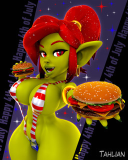 areola areola_slip big_breasts biped breasts burger clothing eyebrows female food green_body hair looking_at_viewer not_furry open_mouth pupils red_hair smile solo swimwear text thick_thighs three-quarter_view tahlian goblin 3d_(artwork) 4:5 absurd_res digital_media_(artwork) english_text hi_res