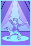 action_pose belt bottomless claws clothed clothing grin gun jacket kerchief male pose poster poster_template ranged_weapon smile solo topwear weapon ottmaw daniel_ottmaw hybrid hyena mammal mustelid otter blue_and_white digital_media_(artwork) hi_res monochrome