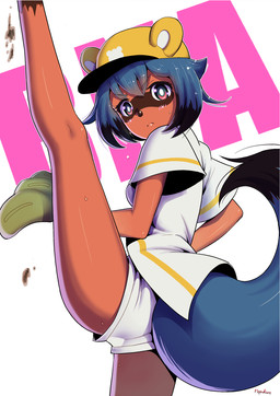 anthro baseball_glove baseball_uniform black_hair blue_body blue_eyes blue_fur blue_hair bottomwear breasts brown_body brown_fur clothed clothing female fluffy fluffy_tail fur glistening glistening_body glistening_hair hair hat headgear headwear multicolored_body multicolored_fur multicolored_hair short_hair shorts solo sportswear tail topwear uniform brutish_pingu brand_new_animal studio_trigger michiru_kagemori canid canine mammal raccoon_dog tanuki hi_res