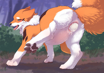 4_toes ambiguous_fluids black_pawpads bodily_fluids brown_markings countershading detailed_background dipstick_tail egg feet female feral forest fur fur_markings genitals markings neck_tuft nipples one_leg_up open_mouth orange_body orange_fur outside oviposition pawpads paws plant pregnant pregnant_feral quadruped raised_leg red_eyes solo standing tail tail_markings tears toes tongue tongue_out tree tuft vulva white_body white_fur tsukune_minaga kitsuneinu canid canine fox mammal