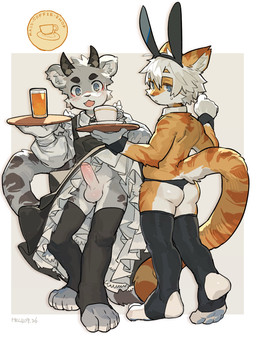 anthro balls beverage black_spots blue_eyes butt clothed clothing coffee coffee_mug coffee_shop crossdressing crossdressing_male duo erection fake_ears fake_rabbit_ears foreskin frilly frilly_clothing fur genitals grey_body grey_fur horn kemono legwear maid_uniform male male/male orange_body orange_fur orange_stripes penis presenting presenting_penis simple_background skimpy spots stockings stripes tail thong underwear uniform white_body white_fur milkybot hu_ku_li_(milkybot) nonas_99 felid mammal pantherine snow_leopard 3:4 hi_res