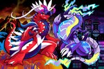 ambiguous_gender city claws duo feet feral flying horn membrane_(anatomy) open_mouth outside poster raised_hand standing tail toes volcano webbed_feet the-chu nintendo pokemon ancient_pokemon apex_build_koraidon future_pokemon generation_9_pokemon koraidon legendary_pokemon miraidon paradox_pokemon pokemon_(species) ultimate_mode_miraidon 3:2