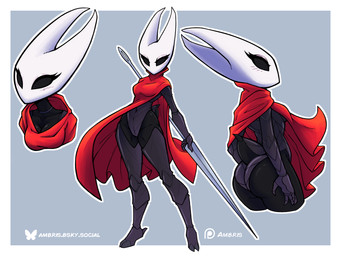 2_horns anthro black_body black_eyes border breasts butt cloak clothed clothing eyelashes feet female fingers grey_background holding_object holding_weapon horn melee_weapon red_cloak red_clothing simple_background solo weapon white_border ambris hollow_knight_(franchise) team_cherry hornet_(hollow_knight) arthropod insect 2025 4:3 hi_res
