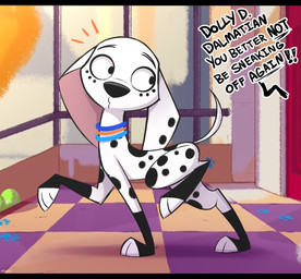 black_bars black_nose black_spots feet female feral floppy_ears freckled_face freckles fur leg_markings long_ears markings pink_inner_ear socks_(marking) solo spots spotted_body spotted_fur toeless_(marking) white_body white_fur higglytownhero 101_dalmatian_street 101_dalmatians disney dolly_(101_dalmatians) canid canine canis dalmatian domestic_dog mammal hi_res letterbox