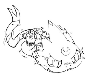 angry anthro bdsm bondage bound hogtied male restraints rope rope_bondage simple_background solo white_background lkiws bandai_namco digimon digimon_beatbreak digimon_(species) gekkomon scalie hi_res line_art monochrome