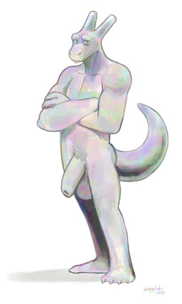 4_toes anthro balls blep crossed_arms eyebrows feet genitals holographic horn looking_at_viewer male multicolored_body pearlescent penis pubes pupils simple_background slit_pupils standing tail toes tongue tongue_out white_background sharkinthepark 2026 absurd_res hi_res