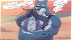 anthro beach_background clothed clothing duo eyewear hand_lick hug male male/male sunglasses text wulfer-shepherd dislyte lilith_games freddy_(dislyte) sander_(dislyte) anubian_jackal canid canine canis jackal mammal wolf hi_res