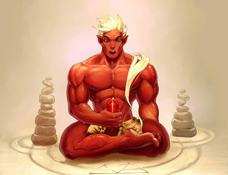 5_fingers abs blonde_hair bodily_fluids cairn claws crosslegged_pose eyes_closed feet fingers genital_fluids genitals hair horn humanoid_feet male masturbation meditation muscular muscular_humanoid muscular_male not_furry pecs penis plantigrade precum red_body red_skin sitting solo lay-lo asian_mythology east_asian_mythology flexible_survival japanese_mythology mythology hayato_(flexible_survival) demon humanoid oni yokai