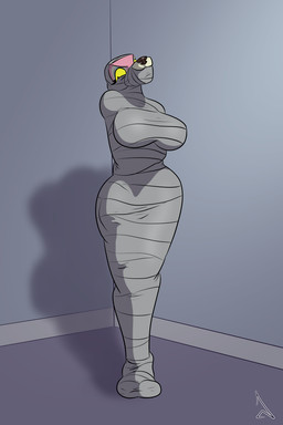 anthro bdsm big_breasts biped black_eyes black_nose bondage bound breasts eyebrows female front_view gag inside looking_down mummification muzzle_(object) muzzled solo standing tape tape_bondage tape_gag yellow_sclera raevild animal_crossing nintendo freya_(animal_crossing) canid canine canis mammal wolf 2025 2:3 hi_res