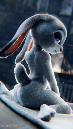 anthro big_butt biped butt eyebrows feet female fur grey_body kneeling looking_at_viewer looking_back nude pupils purple_eyes rabbit_ears shortstack solo tail thick_thighs toes foxventus disney zootopia judy_hopps lagomorph leporid mammal rabbit 3d_(artwork) 9:16 digital_media_(artwork) hi_res