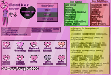 annoyed clothing female gloves gradient_background handwear heart_symbol leggings legwear shirt simple_background solo topwear hornycreature heather_(hornycreature) algeian_(race) humanoid shape_head hi_res model_sheet