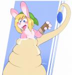 ambiguous_fluids anthro blue_eyes blush clothing fur gloves hair handwear hat headgear headwear male open_mouth rupee simple_background tongue tongue_out vore grimev a_link_to_the_past nintendo the_legend_of_zelda link_(rabbit_form) lagomorph leporid like_like mammal monster rabbit hi_res signature