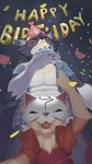 anthro birthday clothed clothing duo feral fur hat headgear headwear male multicolored_body party_hat simple_background two_tone_body cloterchohan hi_res