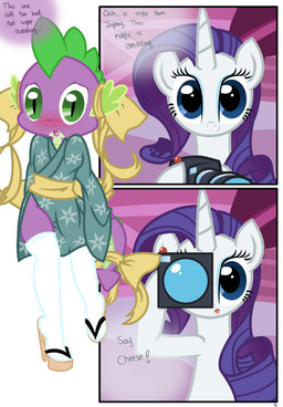 accessory ambiguous_gender asian_clothing blue_eyes blush bow_(feature) bow_accessory bow_ribbon camera clothed clothing dialogue duo east_asian_clothing eyeshadow female feral footwear fur furgonomics green_eyes hair horn inside japanese_clothing kimono makeup male male_focus open_mouth pupils purple_body purple_hair purple_scales ribbons sandals sash scales shoes slit_pupils spines tail tail_accessory tail_bow tail_ribbon text tongue white_body white_fur pyruvate friendship_is_magic hasbro my_little_pony mythology rarity_(mlp) spike_(mlp) dragon equid equine mammal mythological_creature mythological_equine mythological_scalie scalie unicorn absurd_res comic english_text hi_res