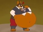 anthro belly big_belly brown_body brown_fur clothing fur navel nervous obese overweight solo ghostshiny friends_vs_friends donnie_b. canid canine canis dobermann domestic_dog mammal pinscher absurd_res hi_res