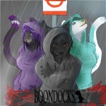 anthro black_body black_clothing black_fur black_hair clothed clothing female fur gang group hair hoodie male markings melanistic multi_tail outside purple_clothing purple_hair purple_markings raining red_eyes sign spots tail teal_clothing topwear c4th the_boondocks krygant ratchet_exonar sierra_starpaw canid canine felid fox leopard mammal pantherine 1:1