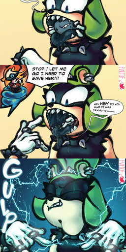 anthro begging blue_eyes bodily_fluids bound clothing dialogue ear_piercing electricity female female/female female_anthro female_pred forced green_body group hair looking_down mouth_shot open_mouth oral oral_vore piercing ring_piercing sadism saliva saliva_on_tongue saliva_string sharp_teeth shocking speech_bubble swallowing swallowing_sound_effect teeth text tongue trio vore eviltqf idw_publishing sega sonic_the_hedgehog_(comics) sonic_the_hedgehog_(idw) sonic_the_hedgehog_(series) surge_the_tenrec tangle_the_lemur whisper_the_wolf afrosoricid canid canine canis domestic_dog lemur mammal primate ring-tailed_lemur strepsirrhine tenrec wolf absurd_res comic digital_media_(artwork) english_text hi_res