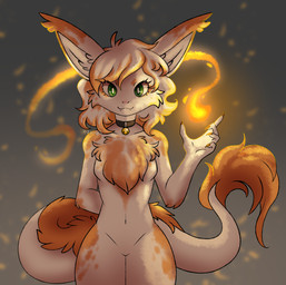 anthro bangs bell bell_collar breasts chest_tuft collar ear_tuft elemental_manipulation fangs featureless_breasts featureless_crotch female fire fire_manipulation fur fur_markings green_eyes hair inner_ear_fluff markings navel pointy_ears prick_ears smile solo tail tail_tuft teeth tuft wide_hips ezpups mythology pups_(ezpups) dragon furred_dragon furred_scalie mythological_creature mythological_scalie scalie hi_res