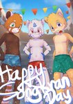 anthro blush clothed clothing group male swimming_trunks swimwear topless v-cut wet young sharparadise songkran ailurid domestic_cat felid feline felis mammal red_panda absurd_res hi_res