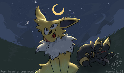 black_body black_fur cloud crescent_moon duo facial_scar fangs feral fur grass kerchief looking_up lying male mane moon narrowed_eyes neck_tuft night on_front open_mouth outside plant red_sclera scar shy sitting sky star starry_sky teeth tuft white_body white_fur yellow_body yellow_fur superl132 nintendo pokemon pokemon_mystery_dungeon spike_chunsoft eeveelution generation_1_pokemon generation_2_pokemon jolteon pokemon_(species) umbreon 2025 digital_drawing_(artwork) digital_media_(artwork) shaded
