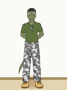 anthro army boots bottomwear camo camo_bottomwear camo_clothing camo_pants camo_print clothed clothing dog_tags footwear fully_clothed hands_behind_back male pants pattern_bottomwear pattern_clothing pattern_pants shaved_head shirt shoes solo standing t-shirt topwear fuze alligator alligatorid crocodilian reptile scalie 3:4 full-length_portrait hi_res portrait