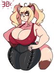 anthro big_breasts blonde_hair bottomwear breasts cleavage clothed clothing curvy_figure female fluffy fluffy_tail hair huge_breasts jewelry leather leather_bottomwear leather_clothing leather_pants looking_aside pants pigtails shirt slightly_chubby solo tail tank_top thick_thighs tight_clothing topwear voluptuous wide_hips jwinkz felicia_(jwinkz) domestic_cat felid feline felis mammal