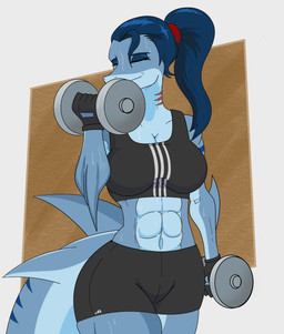 abs anthro big_breasts black_clothing black_gloves black_handwear blue_body blue_hair bodily_fluids bottomwear bra breasts clothed clothed_anthro clothed_female clothing dumbbell elbow_fin exercise eyes_closed female fingers front_view gills gloves hair handwear holding_dumbbell holding_object humanoid_hands long_hair low-angle_view markings muscular muscular_anthro muscular_female navel non-mammal_breasts non-mammal_navel ponytail shorts simple_background smile solo spandex spandex_shorts sports_bra standing striped_markings stripes sweat sweatdrop sweaty_body tail thick_thighs tight_bottomwear tight_clothing tight_shorts underwear weightlifting weights workout rumydaigo valerie_(mellowcapsaicin) aquatic fish mackerel_shark megalodon prehistoric_species shark colored half-length_portrait hi_res portrait shaded