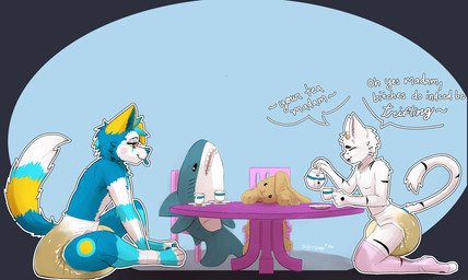 ageplay bodily_fluids chair clothed clothing container cup diaper duo furniture genital_fluids kettle male plate plushie roleplay soiled_diaper table tea_cup tea_party tongue tongue_out unclean_diaper urine used_diaper wearing_diaper wet_diaper sonpop canid canine hybrid mammal hi_res