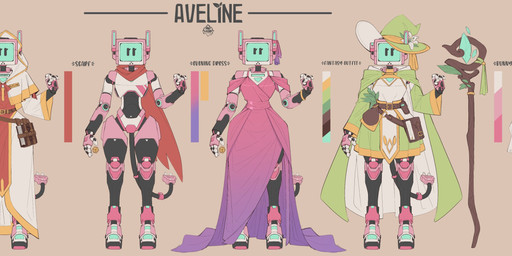 ambiguous_gender book cable clothed clothing coat cropped_jacket dress female for_a_head front_view hat headgear headwear hoodie jacket machine name_tag pink_clothing pink_dress pose scarf solo staff star tail text topwear witch_hat auveiss aveline_(auveiss) animal_humanoid humanoid robot 2025 absurd_res digital_media_(artwork) english_text hi_res model_sheet