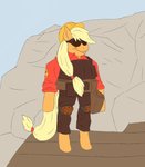 anthro armor biped blonde_hair cliff clothed clothing dwarfism eyewear female goggles grin hair hard_hat headgear helmet hoof_hands hooves mountain overalls ponytail semi-anthro shirt shitpost sky smile smug solo standing topwear sufficient_(artist) friendship_is_magic hasbro my_little_pony team_fortress_2 valve applejack_(mlp) engineer_(team_fortress_2) earth_pony equid equine horse mammal pony 2020 absurd_res digital_media_(artwork) flat_colors full-length_portrait hi_res meme portrait