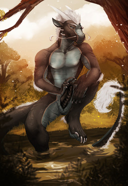 animal_genitalia anthro arm_tuft athletic athletic_anthro athletic_male black_body black_penis blue_body detailed_background erection facial_spikes genital_slit genitals grass hair horn looking_at_viewer male male_anthro nude nude_anthro nude_male outside partially_submerged penis plant sitting solo spikes spikes_(anatomy) tail tree tuft whiskers white_hair i-psilone mythology fozu dragon mythological_creature mythological_scalie scalie 2021 hi_res