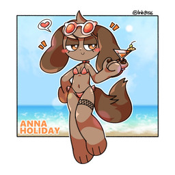 anthro beach bikini breasts brown_body brown_ears brown_fur brown_hair brown_tail clothed clothed_anthro clothed_female clothing cocktail_glass container cup drinking_glass emoji_description eyelashes eyewear eyewear_on_head female female_anthro fur glass glass_container glass_cup glasses glasses_on_head hair small_breasts solo swimwear tail two-piece_swimsuit lnb anna_holiday canid canine canis domestic_dog mammal 1:1 2025 digital_drawing_(artwork) digital_media_(artwork) full-length_portrait portrait