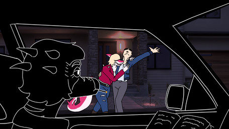 annoyed anthro anthro_focus bald blonde_hair blue_clothing blue_jacket blue_topwear bone_frill bottomwear building car cigarette clothed clothed_anthro clothed_female clothed_human clothed_male clothing denim denim_bottomwear denim_clothing dramatic eyewear female fingers frill_(anatomy) frown grey_bottomwear grey_clothing grey_pants group hair hand_on_chest happy horn house human_on_anthro humanoid_hands inside inside_car inside_vehicle interspecies jacket jeans laugh looking_aside looking_outside looking_up male male/female male_focus markings medium_hair open_clothing open_jacket open_topwear outline pants pink_body pose red_clothing red_jacket red_topwear shirt short_hair side_hug silhouette smoking smoking_cigarette spiked_tail spikes spikes_(anatomy) standing striped_markings stripes sunglasses tail topwear torn_bottomwear torn_clothing torn_pants trio vehicle white_body white_clothing white_outline white_shirt white_topwear sebek_fereh_ra cavemanon_studios i_wani_hug_that_gator inco_(iwhtg) mia_moretti dinosaur hadrosaurid human mammal ornithischian ornithopod parasaurolophus prehistoric_species reptile scalie 16:9 colored hi_res widescreen