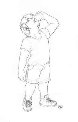 beard bottomwear clothing drinking eyes_closed facial_hair footwear hair holding_object human_only male not_furry shirt shoes shorts simple_background sneakers solo standing topwear white_background amber-aria human mammal 2011 hi_res monochrome