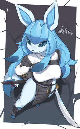 3_toes anthro anthrofied biped blue_body blue_eyes blue_fur blue_hair blue_sclera blue_tail bottomwear breasts clothed clothed_anthro clothed_female clothing feet female footwear front_view fully_clothed fully_clothed_anthro fully_clothed_female fur hair high-angle_view melee_weapon pokemorph simple_background small_breasts smile solo standing sword tail toes topwear weapon wide_hips zinfyu nintendo pokemon eeveelution generation_4_pokemon glaceon pokemon_(species) 2025 absurd_res digital_drawing_(artwork) digital_media_(artwork) hi_res