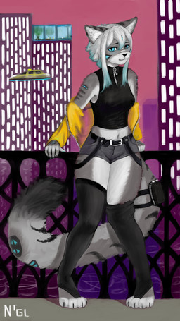 4_toes 5_fingers accessory anthro bag belt big_tail black_claws black_clothing black_lips black_markings black_nails black_nose black_tail black_topwear blue_eyes blue_hair blue_markings bottomwear breasts building city city_background claws clothed clothed_anthro clothing colored_nails commercial_vehicle cyberpunk detailed_background eyebrows eyelashes feet female fingers fluffy fluffy_tail fur furgonomics garden glass glowing glowing_eyes glowing_markings grey_body grey_bottomwear grey_clothing grey_ears grey_fur grey_hotpants grey_markings grey_shorts grey_tail hair hotpants inner_ear_fluff jacket leaning leaning_on_object led_light legwear lips looking_at_viewer machine markings multicolored_body multicolored_fur multicolored_hair nails navel neon parapet paws plant shorts skyscraper small_breasts smile smiling_at_viewer solo stockings tail tail_accessory tail_bag tail_markings taxicab text thick_thighs three-quarter_view tight_clothing tight_topwear toes topwear tree tuft vehicle water white_body white_hair white_markings yellow_clothing yellow_jacket_(clothing) yellow_topwear zipper zipper_topwear nightingale_hrt xyra_(xyratc) android domestic_cat felid feline felis mammal robot 9:16 english_text hi_res