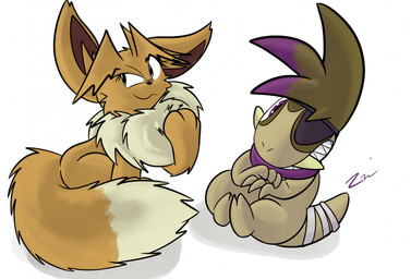ambiguous_gender bandage biped black_eyes black_nose brown_body brown_hair clenched_teeth closed_smile duo eye_patch eyebrows eyelashes eyewear feral fluffy fluffy_tail fur hair mouth_closed neck_tuft open_mouth open_smile paws pupils purple_eyes purple_scarf quadruped scarf sharp_teeth simple_background sitting smile tail teeth tuft tusks white_background white_sclera zincxiron nintendo pokemon virmir_(character) zinc_(zincxiron) axew eevee generation_1_pokemon generation_5_pokemon pokemon_(species) 2025 hi_res signature