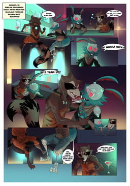 alcohol anthro bar beverage blue_body blue_fur bodily_fluids brown_body brown_fur bulge clothed clothing cocktail detailed_bulge dialogue drunk duo erection erection_under_clothing french_kissing fur genital_outline kissing licking male male/male markings martini penis_outline profanity red_eyes ring_(marking) ringed_tail saliva saliva_string sitting striped_markings striped_tail stripes substance_intoxication tail tail_markings text tongue tongue_out brookbashe guardians_of_the_galaxy marvel blackjack_o'hare rocket_raccoon lagomorph leporid mammal procyonid rabbit raccoon 2017 absurd_res comic english_text hi_res