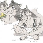 1:1 ambiguous_gender anthro barefoot biped blue_eyes bottomwear canid canine canis claws clothed clothing crossed_legs dandelion digital_media_(artwork) feet flower holding_flower holding_object kikurage loincloth mammal plant simple_background sitting sketch solo topless white_background wolf