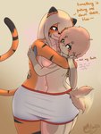 anthro blonde_hair blue_eyes blush breasts duo female fur green_eyes hair hug licking long_ears male male/female multicolored_body multicolored_fur sharing_clothing sitting tail text tongue catsockjus haven_(catsockjus) lily_(catsockjus) felid lagomorph leporid mammal pantherine rabbit tiger 3:4 hi_res