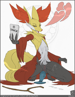 anal anal_fluids anal_masturbation anal_penetration anthro big_ears black_body black_fur bodily_fluids butt butt_from_the_front crouching dildo dildo_sitting electronics female flat_chested fur genital_fluids genitals heart_symbol inner_ear_fluff master masturbation multicolored_body multicolored_fur nude object_in_ass orange_body orange_eyes orange_fur orange_nose orgasm ownership penetration phone raised_arm red_body red_fur sex_toy sex_toy_in_ass sex_toy_insertion simple_background solo spread_legs spreading toying_self tuft vulva white_body white_fur yellow_body yellow_fur catcouch conditional_dnp third-party_edit nintendo pokemon canid canine delphox generation_6_pokemon mammal pokemon_(species) 2018 censor_removal_edit