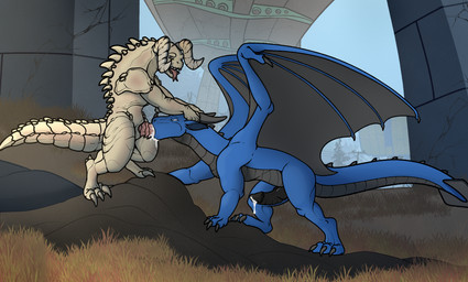 albino amber_eyes animal_genitalia animal_penis bedroom_eyes blue_body blue_eyes blue_scales bodily_fluids bridge cum cum_in_mouth cum_inside cum_on_chin deep_throat detailed_background drinking drinking_cum duo ejaculation erection fellatio feral feral_on_feral feral_penetrated feral_penetrating feral_penetrating_feral genital_fluids genital_slit genitals horn horn_grab interspecies larger_penetrated leaking_cum leaking_precum looking_pleasured male male/male male_penetrated male_penetrating male_penetrating_male narrowed_eyes nude oral oral_penetration outside penetration penile penile_penetration penis penis_in_mouth precum ridged_penis rock scales seductive sex size_difference standing standing_oral sucking tail tongue tongue_out white_body white_scales wings seferen european_mythology fallout microsoft mythology johnitan_lambert syrazor deathclaw dragon mythological_creature mythological_scalie reptile scalie western_dragon hi_res